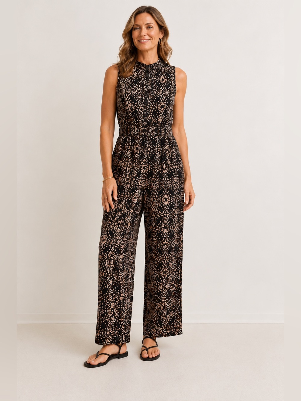 Soft Surroundings Jumpsuit Medium Black Taupe Sleeveless Button Front Wide Leg